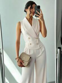 Firerie 女士春季优雅浪漫时尚办公室通勤杏色无袖上衣+宽松阔腿裤两件套，适合派对、旅行、返校、浪漫约会和婚礼生日、情人节女装 - 白色 - 查看 1