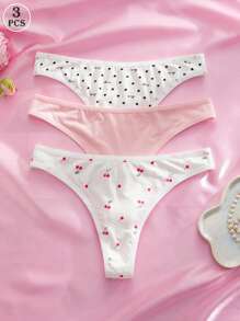 Eraneu 3pcs/Pack Women's Romantic Cherry Heart Print Casual Comfortable Versatile Panties, Printed Thongs - Multicolor - View 3
