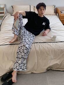 DAZY Men's Anime Pattern Print T-Shirt & Floral Pants Matching Pajama Set, Summer - Grey - View 6