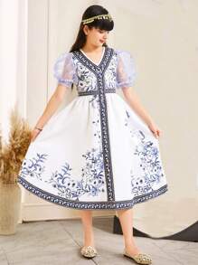 SHEIN Leap Crew Tween Girls' Elegant Loose Fitting Short Sleeve Dress - Purple - View 1