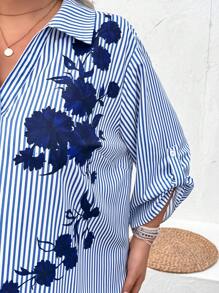 SHEIN CURVE+ Floral Print Blue & White Striped Simple Casual Comfortable Plus Size Shirt Dress Boho Vacation