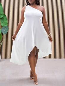 Slaydiva Plus Size Casual Minimalist Solid Color Asymmetric Dress,Graduation Dress - White - View 6