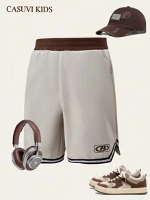 SHEIN Explorewe 2 件装青少年男童休闲运动短裤，夏季新款简约文字刺绣撞色运动短裤