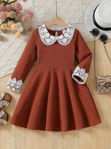 SHEIN Young Girl Contrast Lace Ruffle Collar Long Sleeve Cute Dress