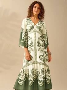 CAJUNI Women's Bohemian Tropical Floral Print, V-Neck Batwing Sleeve Backless Casual Dress, Vacation Style, Beige