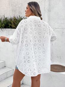 SHEIN CURVE+ Plus Eyelet Embroidery Drop Shoulder Shirt Boho Vacation - White - View 2