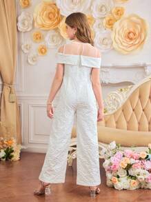 Tween Girls Jacquard Fabric Wide Leg Jumpsuit, Spring/Summer - White - View 2