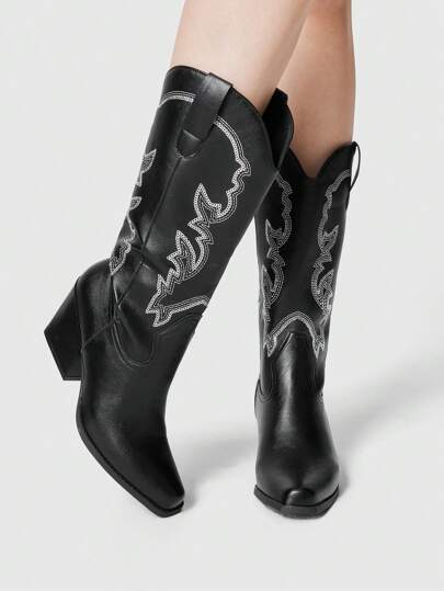 Fairycore Women's Pointed Toe Chunky Heel Sequin Embroidered Western Cowgirl Boots, PU Leather Mid-Calf Spring/Autumn Fashion Slip-On Style