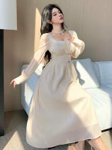 DAZY Women Elegant Wedding Guest Solid Color Square Neck Puff Sleeve Tie-Up Mid-Long Dress, Spring Prom Dress,Fall Dress Long Sleeve Dress