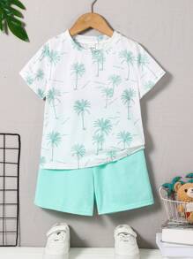 2pcs Kids Young Boy A Casual, Comfortable, Fashionable, Simple, Practical And Versatile Coconut Tree Printed T-Shirt And Breathable Comfortable Shorts Set Suitable For Spring And Summer, Suitable For Daily Use, Suitable For Vacation, Beach, School, Suitable For Travel, Suitable For Sports, Suitable For Spring And Summer Seasons