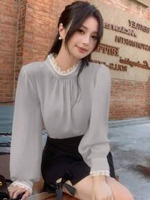 DAZY Women Faux Pearl Decor High Neck Plain Casual Blouse,Fall Clothes - Grey - View 4