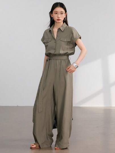 Dazy-Less 女式休闲阔腿连体裤，大口袋，装饰铆钉设计，宽松腰部抽绳，老式风格商务休闲女式亚麻女式连体裤