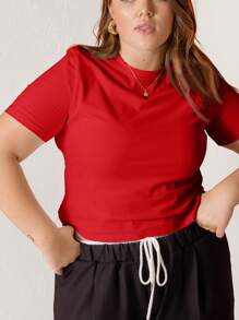 Aralina Fall / Winter Cotton Plus Size Curve Solid Colour Crewneck Round Neck Slim Fit Baby Tee Basic Tee Essential Tee Going Out Top - Red - View 5