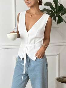 SHEIN Frenchy Blusa sin mangas de cuello en V de unicolor con lazo en la cintura para mujer