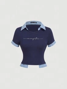 SHEIN MOD Camiseta con parche y eslogan personalizado, ideal para primavera, verano, salir, vacaciones, uso casual - Multicolor - Ver 1