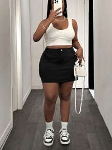 Slaydiva Váy ngắn ôm dáng màu đen trơn bằng vải dệt kim có túi tiện dụng dành cho nữ cỡ lớn - màu đen - Xem 6