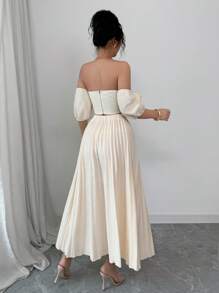 Elenzga 2 件套：简约花卉装饰上衣和裙子，休闲装 - 杏色 - 查看 2