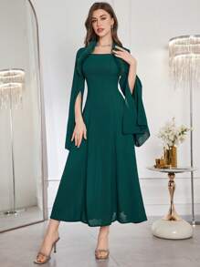 Modelyn Damen Kunstfell Splice Offene Ärmel Langes Kleid, Elegant