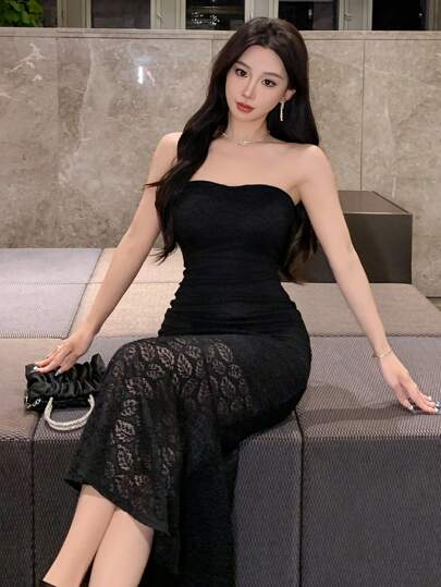 DAZY 女士蕾丝拼布裹身抹胸美人鱼中长连衣裙，春夏舞会礼服优雅太阳裙，正式女士连衣裙