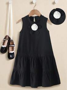 Girls' Casual Solid Color Sleeveless Round Neck Loose Mid-Length Bowknot Decor Summer Dress - Black - View 3