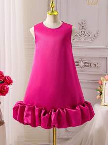 SHEIN Tween Girls' Vacation Casual Chic Solid Round Neck Sleeveless Woven Dress - Red Violet - View 1