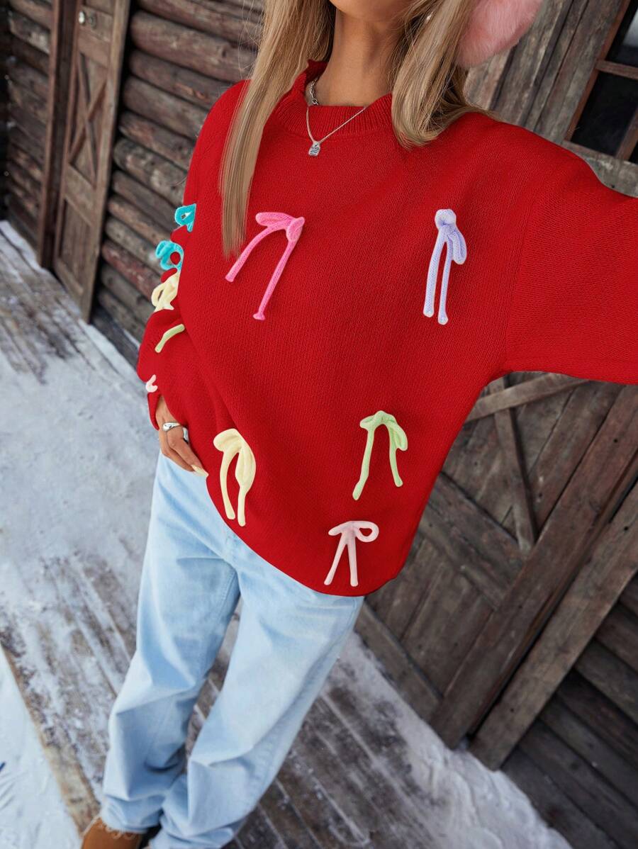EMERY ROSE Sweater Longgar Wanita Modis Berwarna-warni Lucu dengan Dekorasi Pita, Desain Bergaya, Sweater Rajut Ukuran Besar untuk Musim Gugur dan Musim Dingin - Merah - View 1