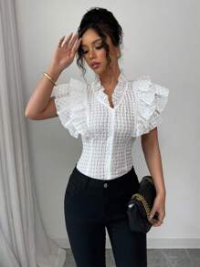 Elenzga Elegant Romantic Textured Check Pattern Double Ruffle Hem Women's White Blouse, Perfect For Vacation - White - View 3