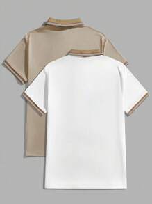 Manfinity Homme Men's Solid Color Contrasting Front Button Short Sleeve Casual Knit Polo Shirt - Khaki - View 2