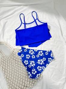 SHEIN Teen Girl Beach Holiday Solid Color Ruffle Trim Cami Top And Floral Printed Triangle Tankini Bottom, 2 Pieces Tankini Swimwear - Blue - View 2