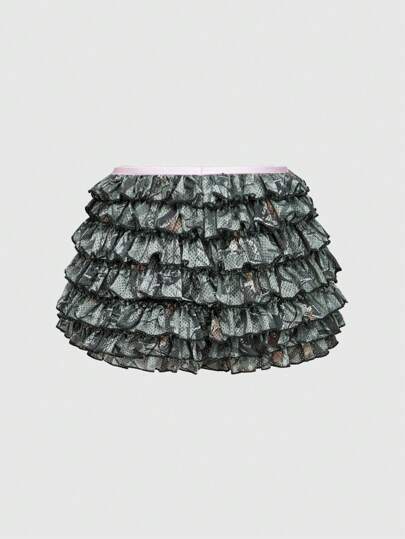 J-Fashion Y2K Style Bow Decor Camouflage Ruffle Trim Puff Mini Shorts