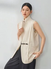 Dazy-Less 1pc Women's Business Casual Asymmetric Design Vest Style Blazer With Belt Old Money Style