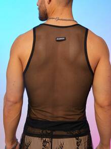 FeverCity Men's Fashion Sexy Lace Contrast Mesh Sleeveless Tank Top - Black - View 4