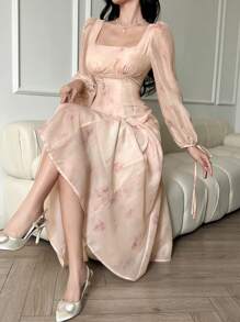 DAZY Robe mi-longue en mousseline de soie à imprimé floral, convenant pour un premier rendez-vous au printemps/automne. Robe élégante à manches longues, robe de Pâques - Nude - Voir 2