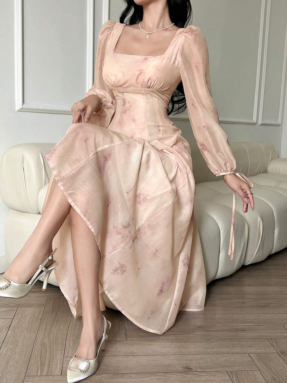 Women Chiffon Floral Print Mid-Length Dress, Suitable For First Date In Spring/Fall Elegant Long Sleeve Dress Easter Dress