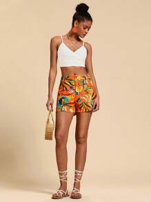 SHEIN VCAY 植物印花休閒時尚短褲 - 橘色 - 查看 2
