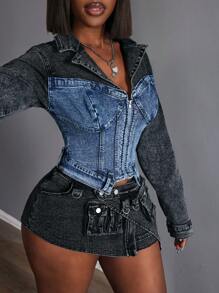 Slaydiva Women's Simple Fitted Front Zipper Denim Jacket, Casual - Multicolor - View 5