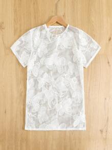 Teen Girls' Round Neck Short Sleeve Butterfly Embroidery Casual Cover Top