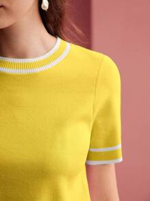MOTF PREMIUM Áo len nữ tay ngắn màu tương phản, thời trang và đa năng cho mùa xuân/hè thu đông - Màu vàng - Xem 2