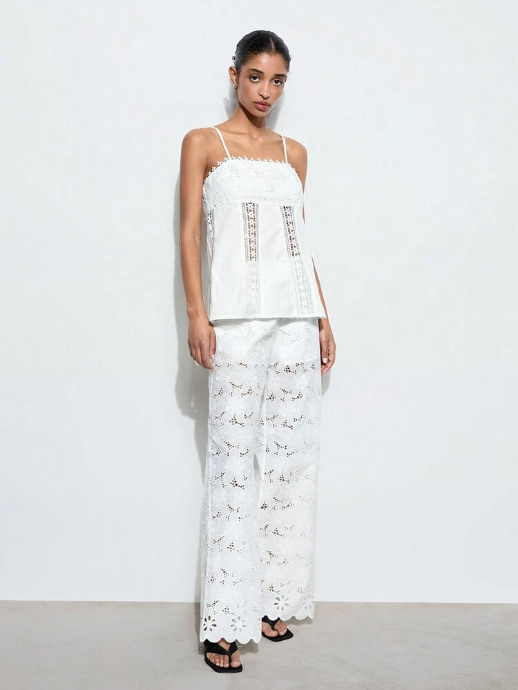 SHEIN Maija Women's White Summer Elastic Waist Solid Color Hollow Embroidery Fabric Sexy Fashion Simple Versatile Casual Bohemian Style Holiday Solid Color Wide-Leg Pants Beach Going Out