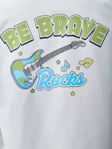 SHEIN Explorewe Conjunto casual de 2 piezas para adolescentes: camisa blanca con cuello y estampado musical en la espalda, y pantalones cortos negros, atuendo para festival de música - Blanco - Ver 7