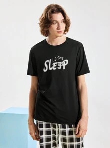 Men's Letter Print Crew Neck Short Sleeve Pajama Top - Black - View 5