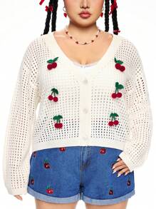 ROMWE Kawaii Cherry Decor Hollow Out Sheer Plus Size Thin Cardigan For Plus Size Women, Spring Outfits
