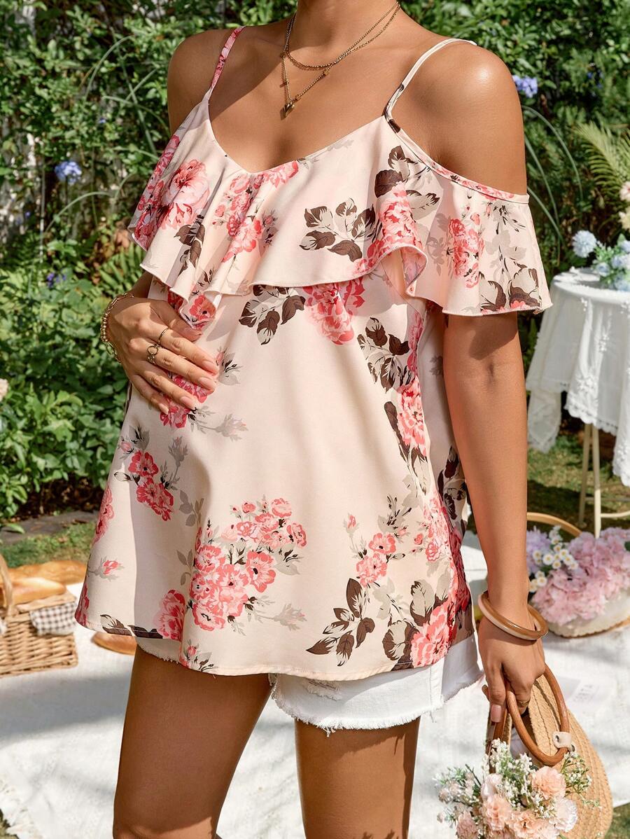 SHEIN Maternity Floral Print Ruffle Relaxed Fit Blouse - Pink - View 1
