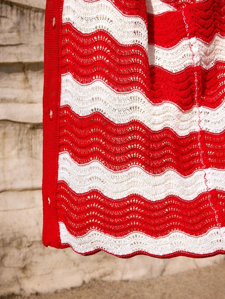 SHEIN Maija Ibiza Style Women's Summer Beach Vacation Easter Red & White Striped Crochet Beach Cover-Up