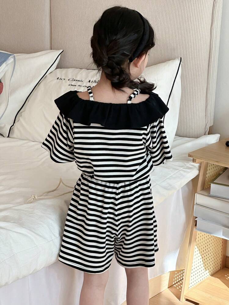 2pcs/Set Young Girls Minimalist Casual Daily Short Sleeve Top And Shorts Set,Girls Summer Outfits