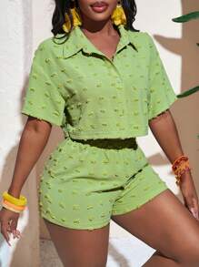 Slaydiva Nou Casual Sports 2buc Set Femei Cămașă Tesatura Texturată Top Și Pantaloni Scurt - Verde