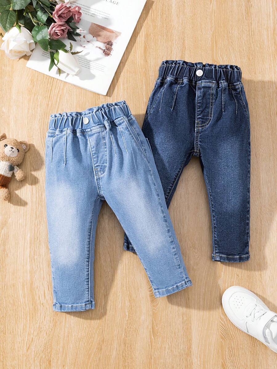 2pcs Baby Girls Light Blue & Navy Casual Elastic Waist Washed Denim Pants Set - Multicolor - View 1