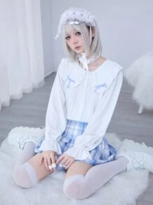 ROMWE Kawaii 可爱甜美彼得潘领女式长袖纽扣衬衫 - 白色 - 查看 1