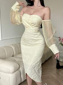 DAZY 女式中长款露肩系带拼接连衣裙、婚纱、秋季连衣裙、长袖连衣裙 - 米色 - 查看 6