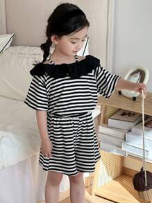 DAZY 2pcs/Set Young Girls Minimalist Casual Daily Short Sleeve Top And Shorts Set,Girls Summer Outfits - Black and White - View 4